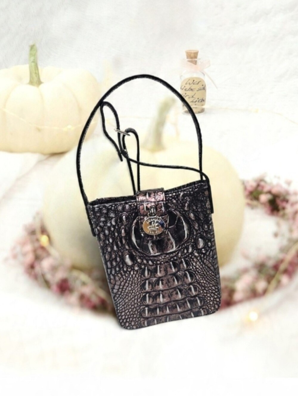 Brahmin Croc-Embossed Bronze Leather Crossbody